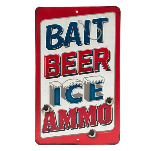 Bait Beer Ice Ammo 10" Rectangle Embossed Metal Sign - Red and White