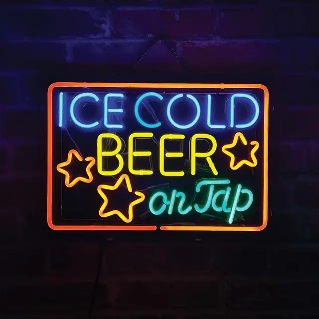 Ice Cold Beer On Tap Neon Sign – 20" Wide with Gloss Black Backplane, product photo