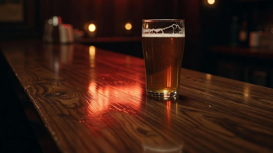 A full pint of amber lager on a polished wood bar top, red and amber sign light glowing in the wood grain