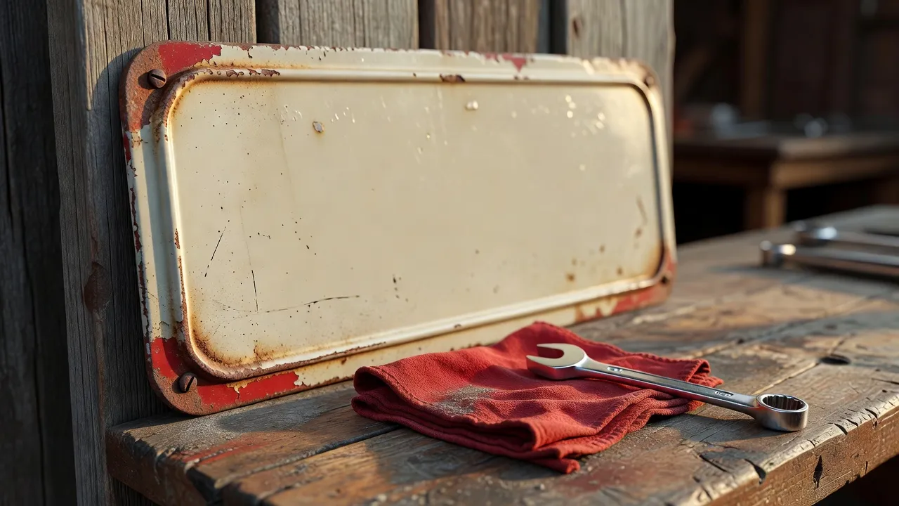 A blank, weathered cream metal sign with a red rolled border screwed to grey barn-board, a folded red shop rag and a chrome combination wrench on the worn workbench below it, in warm low light