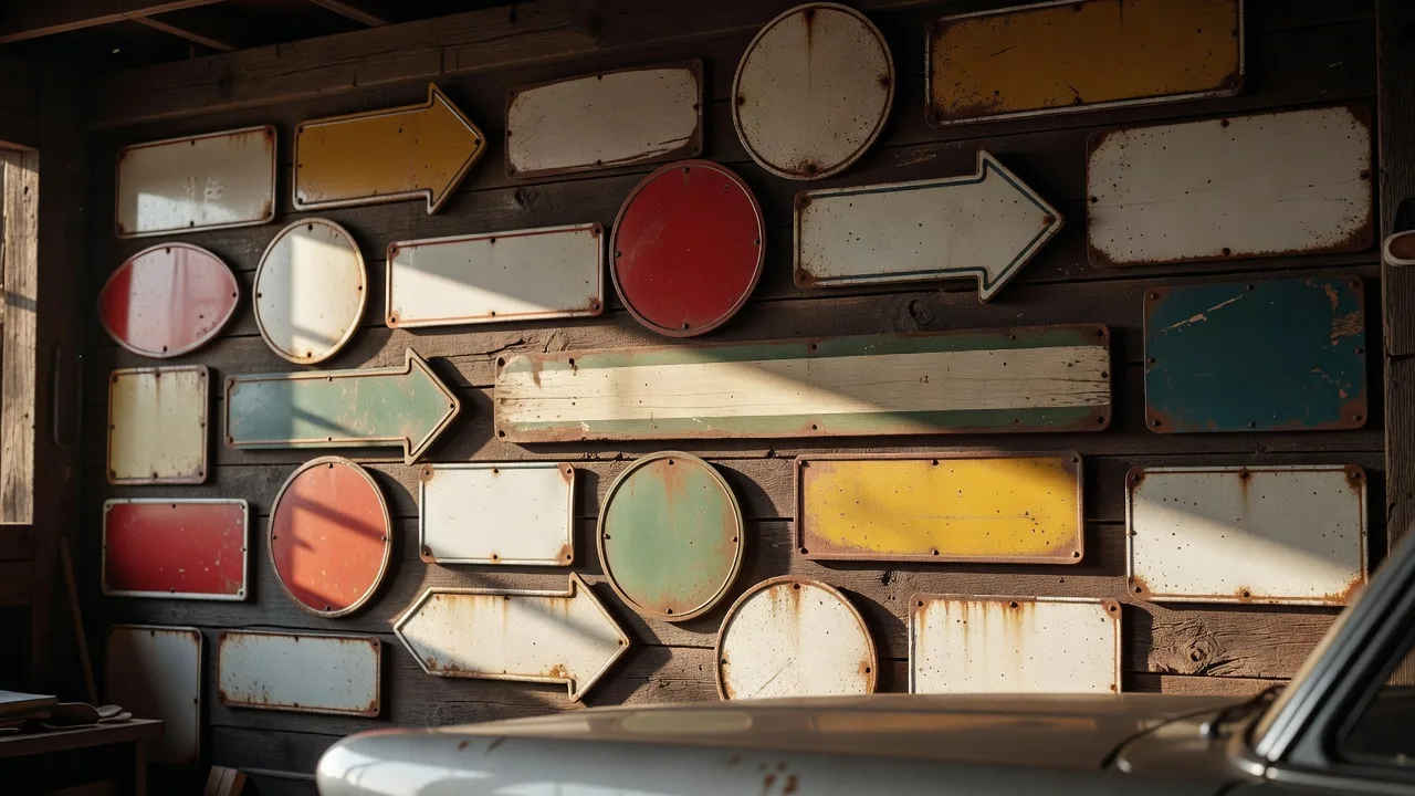 A dark barn-board garage wall crowded with weathered embossed metal signs in round, shield, arrow and rectangle shapes and one long painted wood board, lit by low afternoon sun, with the chrome fender of a classic car in the foreground
