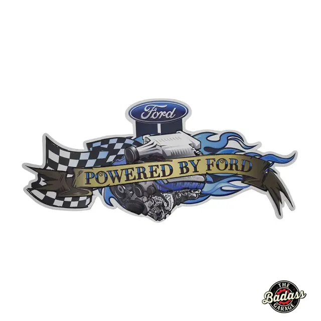 Powered By Ford Shaped and Embossed Metal Sign