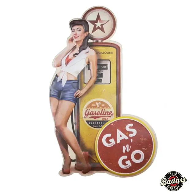 Vintage Gas Pump Brunette Pinup Girl Shaped and Embossed Sign