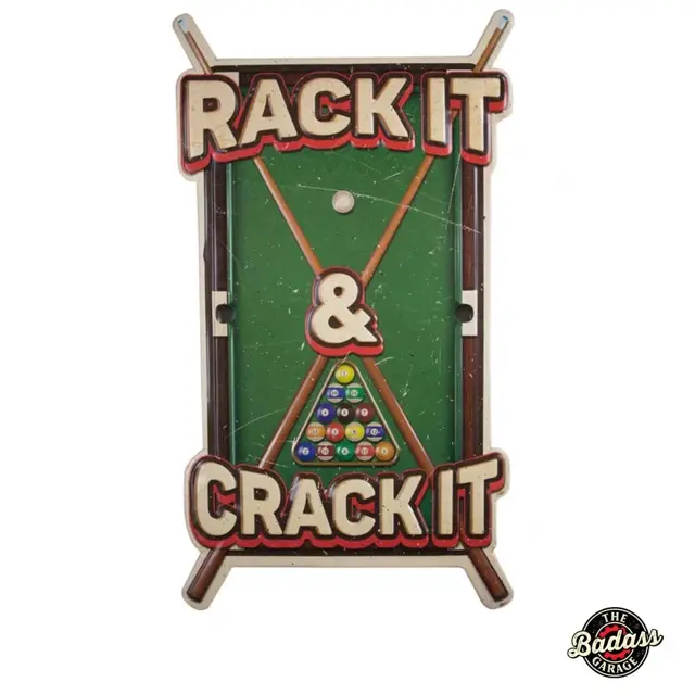 Rack It Crack It Shaped and Embossed Metal Sign