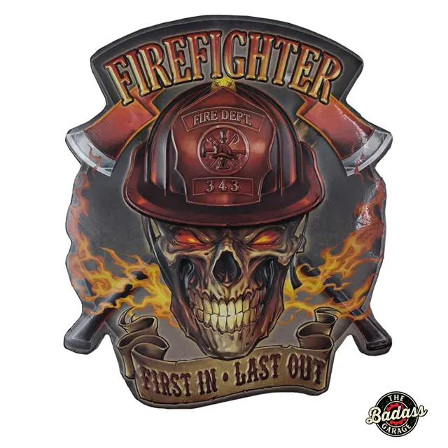 Firefighter Shaped and Embossed Metal Sign