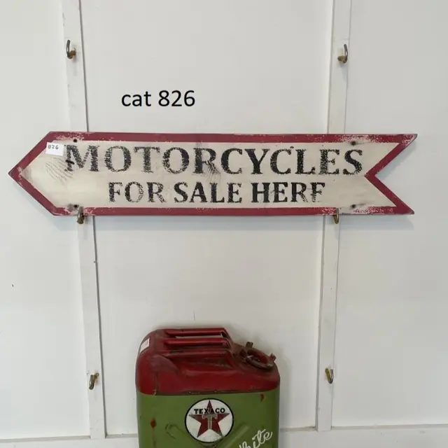 Motorcycles For Sale Here Arrow Hand Painted Wood Sign - White & Red