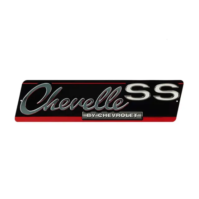 Chevrolet Chevelle SS 20" Shaped and Embossed Metal Sign - Black with Silver and Red