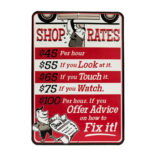 Shop Rates 14" Rectangle Embossed Metal Sign - Red with White