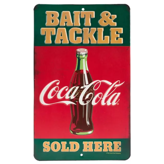Coca-Cola Bait & Tackle 10" Rectangle Embossed Metal Sign - Red and Green with Coke Bottle