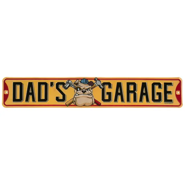 Dad's Garage 20" Embossed Metal Street Sign - Yellow With Bulldog