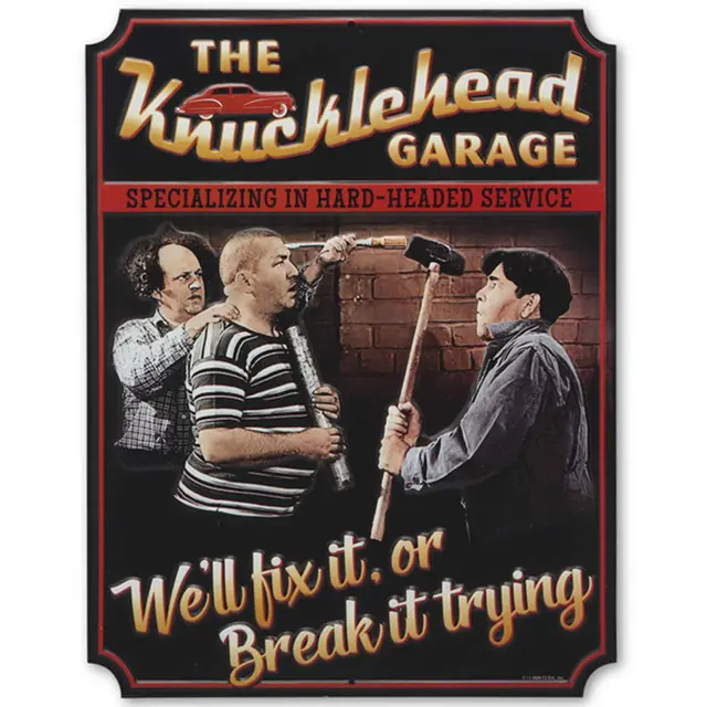 Knucklehead Garage We'll Fix It 13" Rectangle Embossed Metal Sign - Black with Yellow and 3 Stooges Image