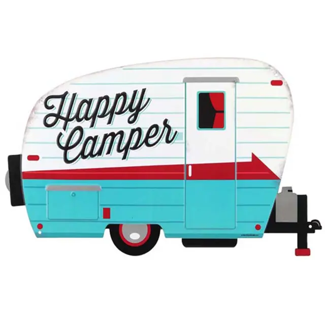 Happy Camper Travel Trailer Shaped And Embossed Metal Sign