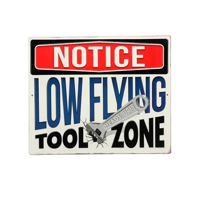 Low Flying Tool Zone 13" Rectangle Embossed Metal Sign - White and Red