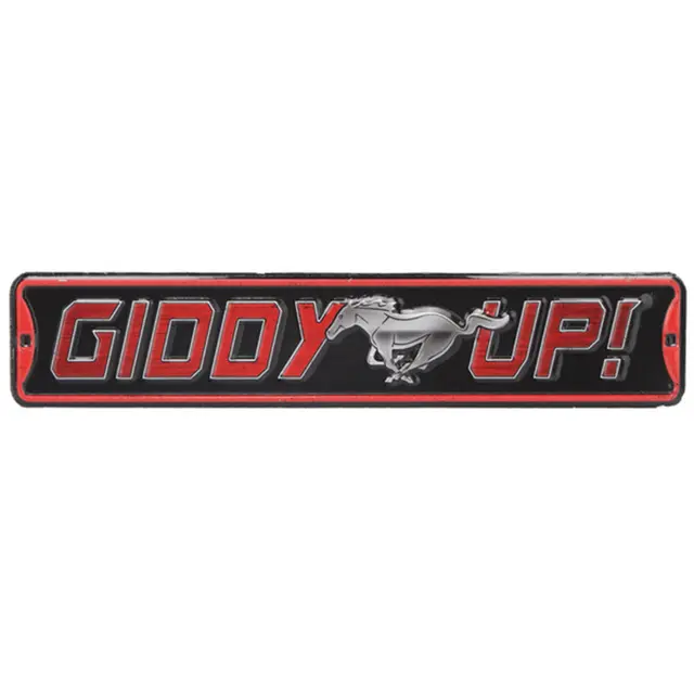 Ford Mustang Giddy Up 20" Embossed Metal Street Sign - Black and Red With Horse