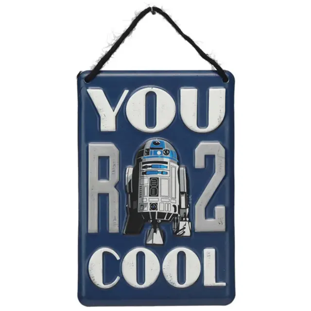 Disney Star Wars You R 2 Cool R2D2 6" Hanging Rectangle Embossed Metal Sign - Blue and White with Droid