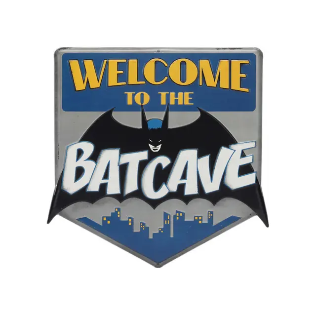 Welcome To The Batcave 12" Shaped And Embossed Metal Sign - Grey and Blue with Bat