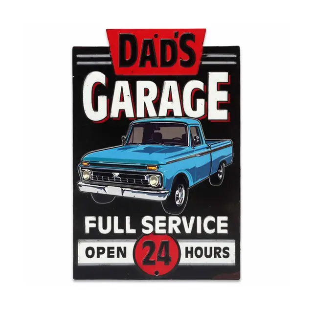 Dad's Garage Full Service Blue Truck Shaped And Embossed Metal Sign