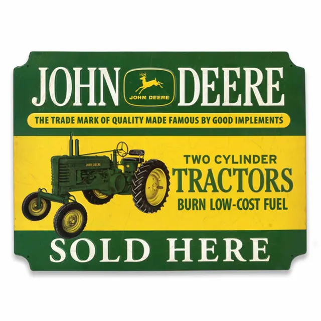 John Deere Two-Cylinder Tractors Sold Here 24" Rectangle Embossed Metal Sign - Green and Yellow with Tractor