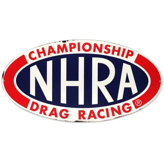 National Hot Rod Association Rustic Logo 22" Oval Steel Sign - White Red and Blue