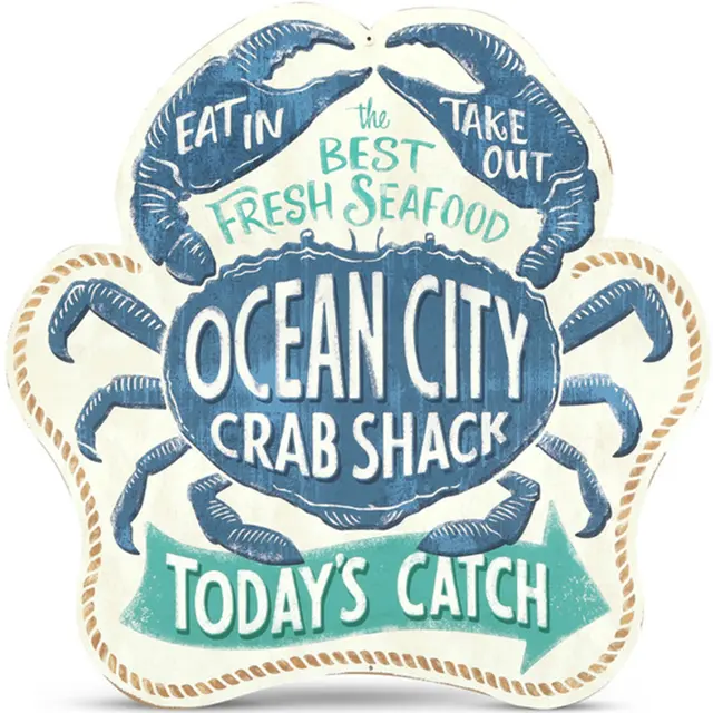 Ocean City Crab Shack 22" Contour Shape Steel Sign - Teal and white with Sea Animal