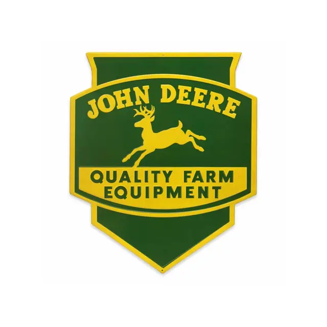 John Deere Quality Farm Equiptment 24" Shield Shaped and Embossed Metal Sign - Yellow and Green