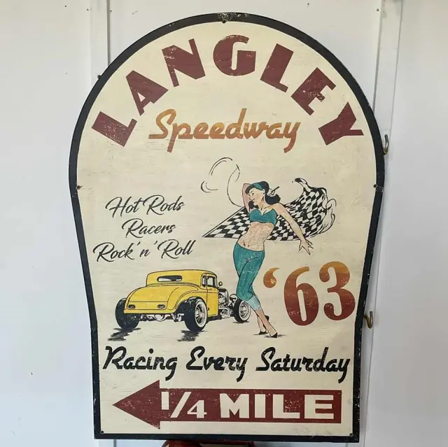 Langley Speedway 1/4 Mile sign, hand-crafted wood