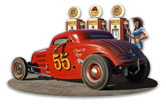 1933 Ol' Skool Coupe With Pump Girl Plasma Cut Steel Sign 18"x11"