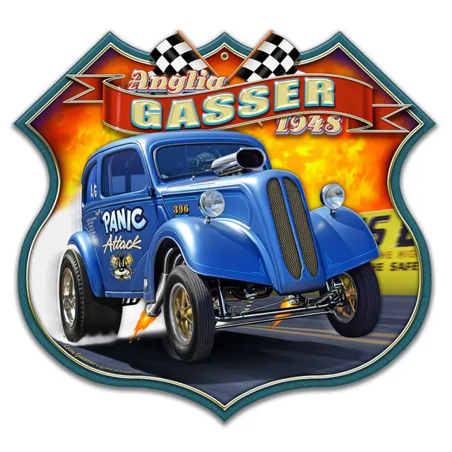 1948 Anglia Gasser Panic Attack Plasma Cut Steel Sign 16"x15"