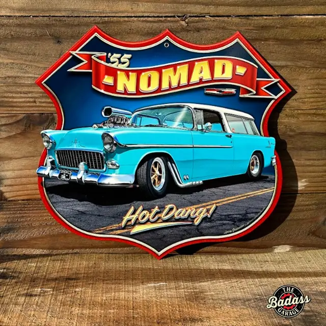 1955 BLOWN NOMAD SHIELD Vintage Sign 14.5"x16"