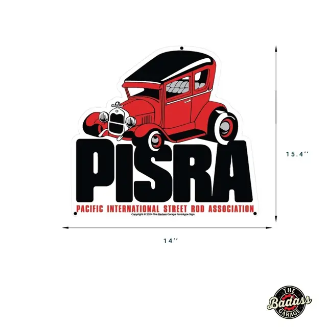 PISRA Official Logo 20-Gauge Steel Sign: the Pacific International Street Rod Association logo on a white steel sign
