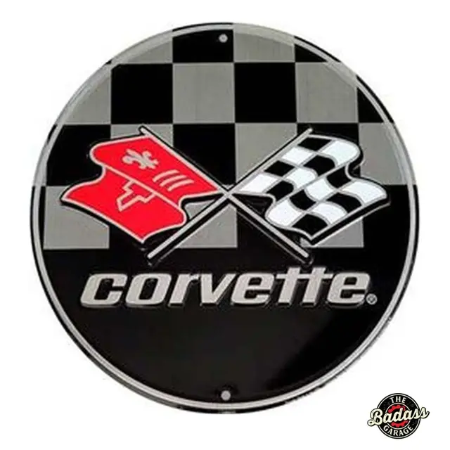 Corvette Checkered Flags 24" Round Embossed Tin Sign