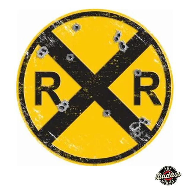 Railroad with Bullet Holes 24" Round Embossed Tin Sign