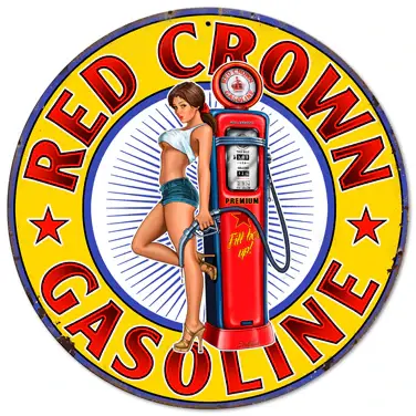 Red Crown Gasoline Plasma Cut Round Steel Sign 14"x14"