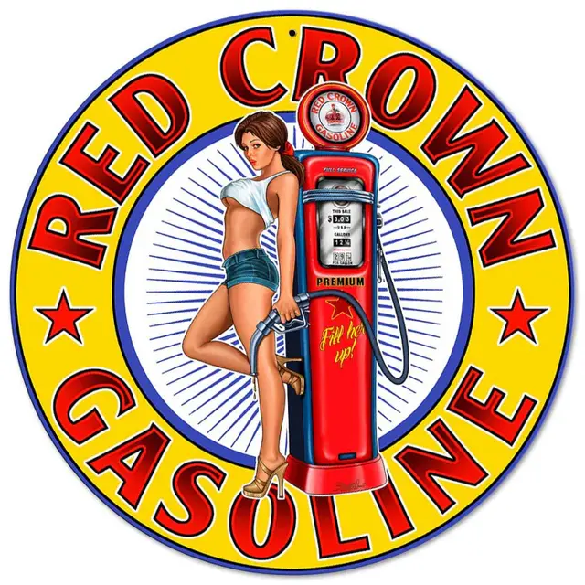 Red Crown Gasoline Plasma Cut Round Steel Sign 14"x14"