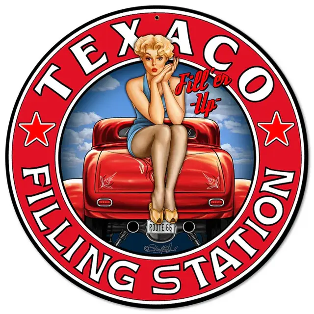 Texaco Girl Filling Station Plasma Cut Round Steel Sign 14"x14"