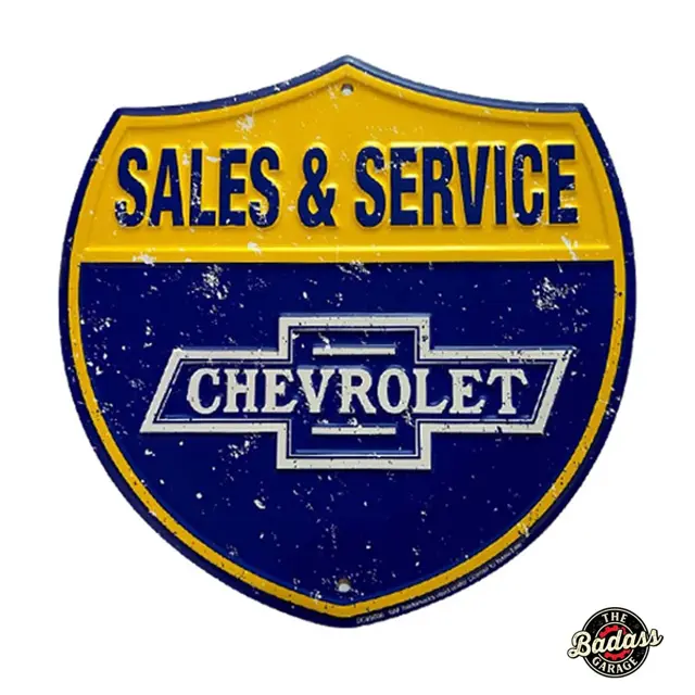 Chevy Sales & Service 24" Die Cut Shield Embossed Tin Sign